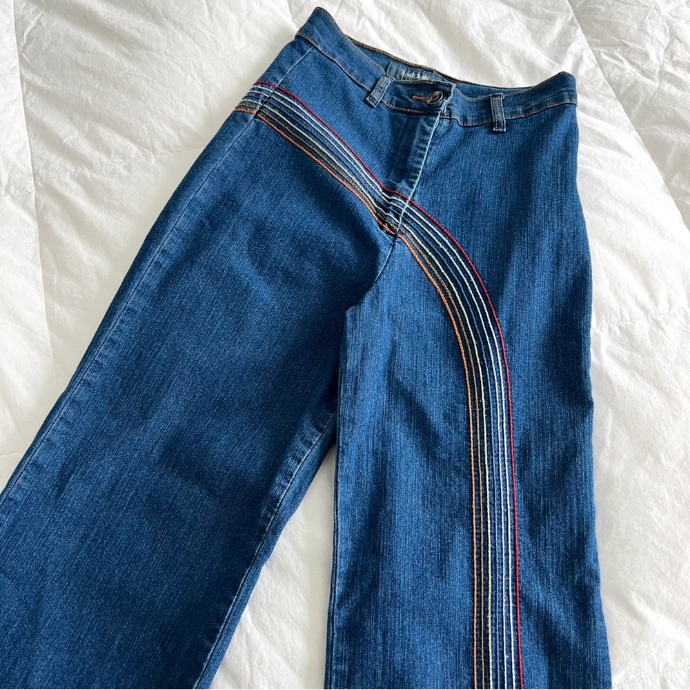 Modcloth Blue Flare Jeans with Rainbow Stitching